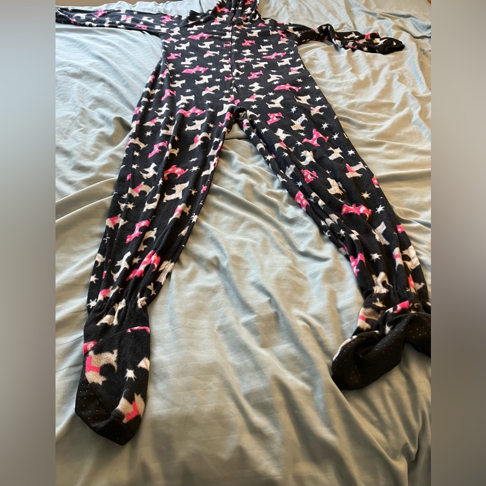 Hooded Black & Pink Onesie with Feeties Size L